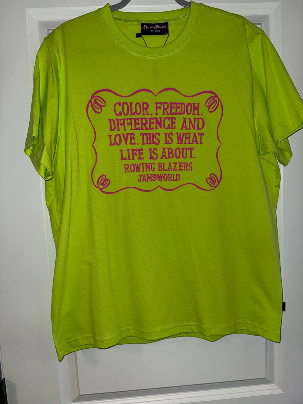 NWT Rowing Blazers/Jams World Neon Lime Green Tee with Hot Pink Graphic
